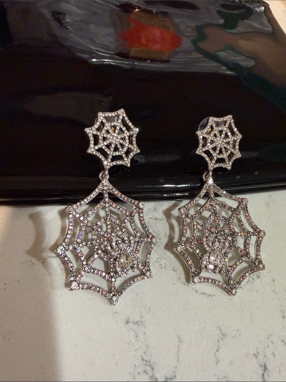 Rhinestone Spiderweb Drop Earrings - Silver Tone